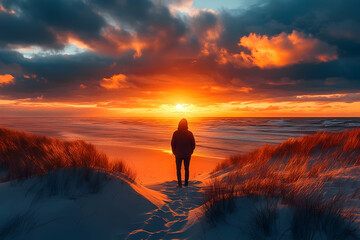 A solitary figure watches the sunset over the beach.