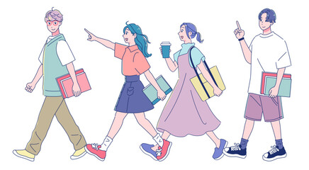 歩いているアニメタッチの男女の学生