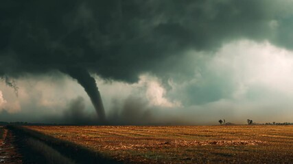 beauty but scary scene of nature, big black cloud tornado strike over vast land, rapidly intensifying into a powerful vortex of destruction. It sweeps up dirt and debris - Powered by Adobe