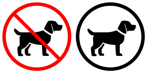Two dog icons: one inside a black circle indicating dog presence is allowed, and one inside a red circle with a slash showing dogs are not allowed in this area.