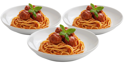 Top view of three plates of spaghetti topped with savory meatballs, perfect for Italian food visuals, recipe blogs, and family meal promotions