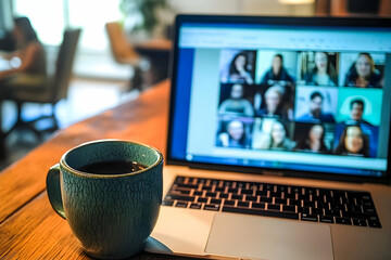 Teal mug sits on a wooden table next to a laptop displaying a video conference.