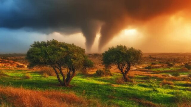 two olive trees with tornado at far sight, calamity of two witnesses, Revelation 11 concept 