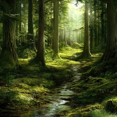Sunlight streams through a mossy forest path, with a babbling brook. Lush green trees and moss-covered ground create a serene woodland scene