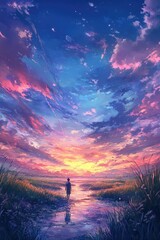 Silhouette figure at sunset over a tranquil marsh