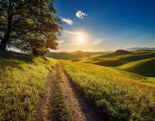 Obraz premium Rural landscape in late summer. Rural landscape with a path, trees and meadows on hills