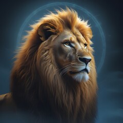 Fototapeta premium A majestic lion is depicted in a mystical setting, radiating spirituality, surrounded by a soft and subtle light,