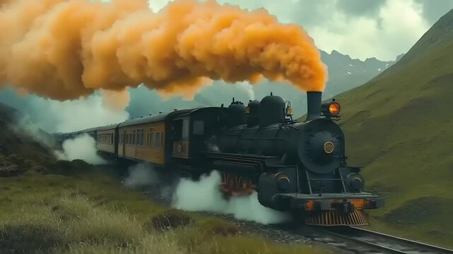 Vintage steam locomotive chugging through a mountainous landscape with dramatic orange smoke