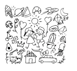 Vector illustration of Doodle cute for kid, Hand drawn set of cute doodles for decoration on white background.	