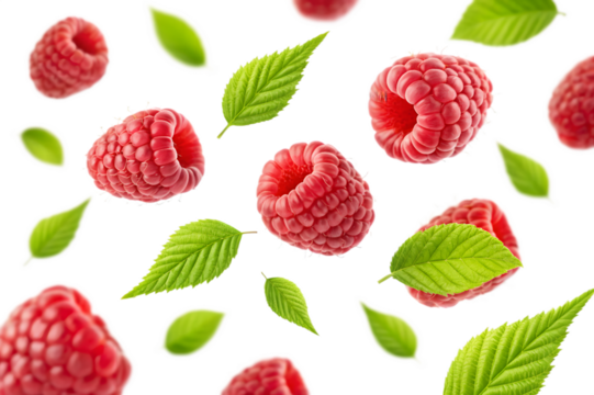 Floating Raspberries and Leaves Pattern on Transparent Background - Powered by Adobe