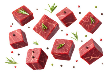 Diced Raw Beef Meat Cubes with Rosemary and Pepper on Transparent Background