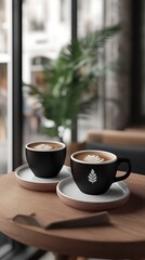 cup of coffee on wooden table in cafe, closeup view