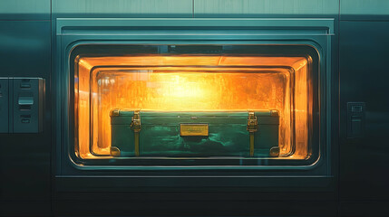 Obraz premium Teal suitcase inside a glowing compartment.