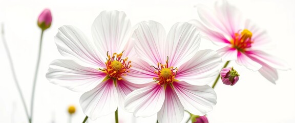 Obraz premium Intricate details of white and fuchsia cosmos blossoms, sharply focused against pure white, botany, photography