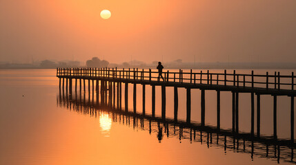 Obraz premium Silhouetted Jogger on Long Wooden Pier at Sunrise Over Water