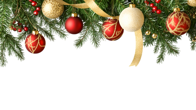 Wide arch shaped Christmas border isolated on white, composed of fresh fir branches and ornaments in red and silver. Ai Generated Images