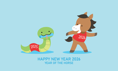 Zodiac animals relay race vector illustration. Zodiac snake and zodiac horse for year of the horse 2026 celebration. Lunar new year of the horse 2026 greeting card or banner vector.