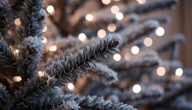 Winter pine tree branch with frosty needles and water drops on glass