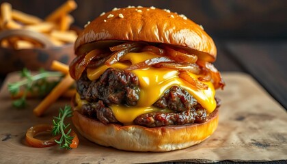 Juicy beef burger with melted cheese & caramelized onions on rustic wood, cuisine, burger joint