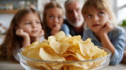 Family enjoys snack time with potato chips at home indoor setting