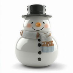 Cheerful snowman figurine, stylized and smooth, with a top hat, scarf, and buttons