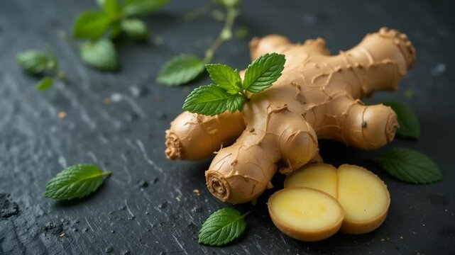 Fresh ginger and mint on dark stone surface