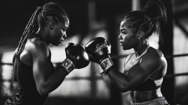 Female african young boxers facing off in intense black and white training session