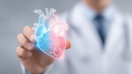 A medical doctor or specialist advisor in heart-related diseases. A holographic heart model floating between a doctor and a patient.