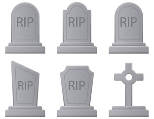 Collection of various gravestone icons with RIP inscriptions. Vector illustration in a 3d style, suitable for funeral, cemetery, or Halloween designs. Ideal for death, grief, or memorial-related
