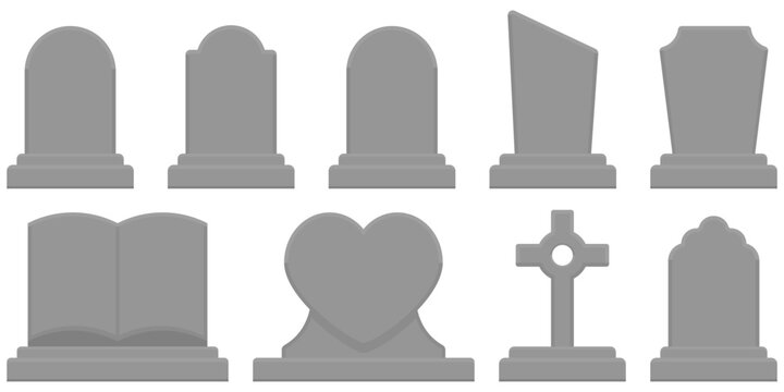 Collection of gravestone icons in realistic flat style. Includes heart, cross, and traditional headstone forms for spooky or remembrance visuals. Ideal for cemetery, or memorial-themed designs.
