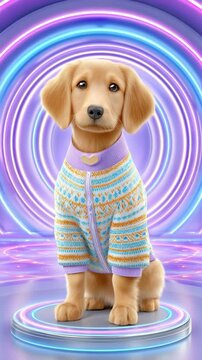 A cute golden retriever puppy in a colorful sweater.