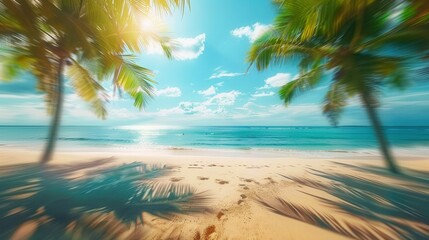 Obraz premium Beautiful sandy beach with palm trees casting shadows, clear blue water, and a sunny day.