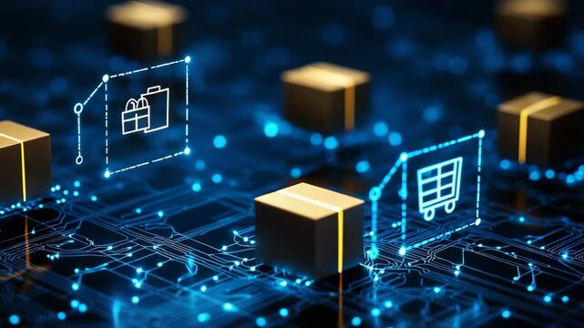 Digital packages and shopping icons symbolize e-commerce and online logistics across a glowing, futuristic network circuit background.