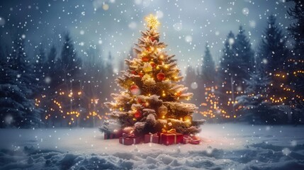Obraz premium A decorated Christmas tree glows with lights and ornaments in a serene, snowy winter landscape.