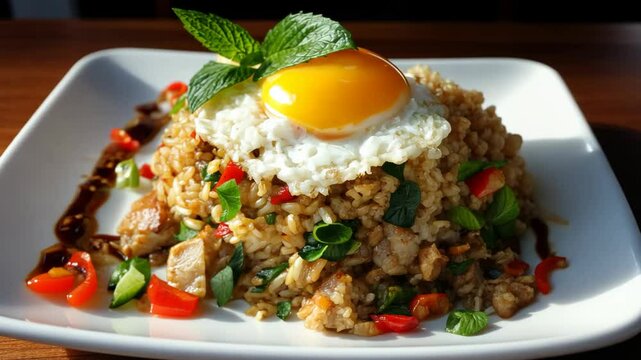 fried rice crispy pork belly with basil leaf Thai style top with fried egg, Krapao Moo Krob  