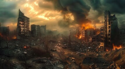 The desolate landscape of a city ravaged by war, with smoke billowing from burning structures.