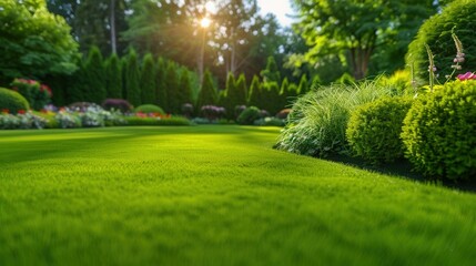 A bright, verdant lawn and flourishing garden bathed in sunlight, creating a serene outdoor space.