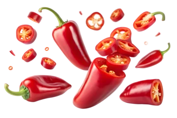 Küchenrückwand glas motiv Scharfe Chili-pfeffer Fresh red chili peppers whole and sliced on transparent background  © HNGFX