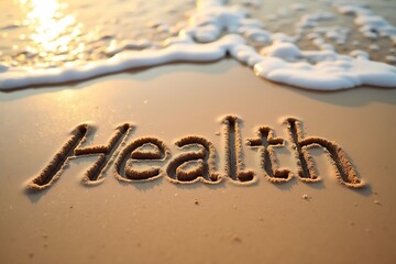 Fototapeta premium Health written in the sand on a beach at sunset with ocean waves