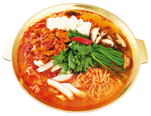 Top View of Korean Gopchang Hot Pot with Vegetables