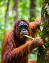 Fototapeta premium orangutan skillfully using a stick