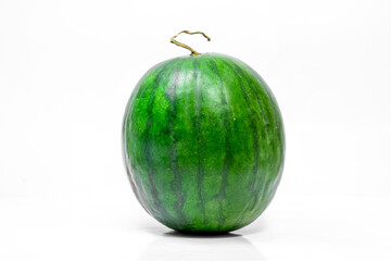 Whole ripe watermelon with vibrant green striped skin and curled stem, isolated on clean white background. Ideal for summer, healthy food, and tropical fruit ads.