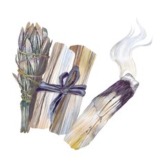 Burning palo santo stick with smoke next to a tied bundle of sticks and dried incense herbs mystical hand painted watercolor composition for energy cleansing meditation spiritual ritual on white 