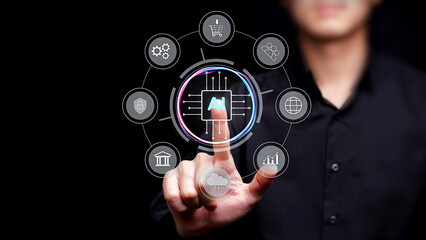 Finger touches AI icon and a hologram appears, about business and more.
