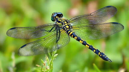A striking dragonfly with intricate black and yellow patterns resting gracefully in a lush green