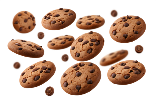 Chocolate Chip Cookies Falling on Transparent Background for Easy Integration