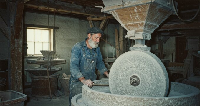 Vintage miller inspecting stone mill machinery with focus on craftsmanship details