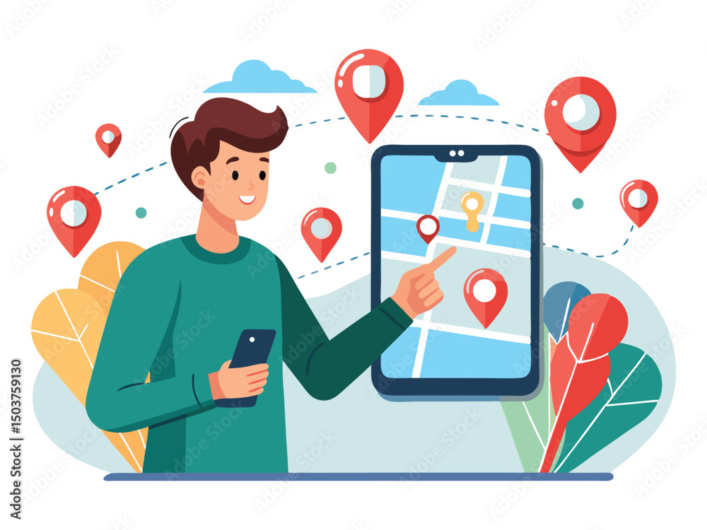 Fototapete man using mobile map app for navigation isolated on white background