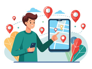 Man using mobile map app for navigation isolated on white background
