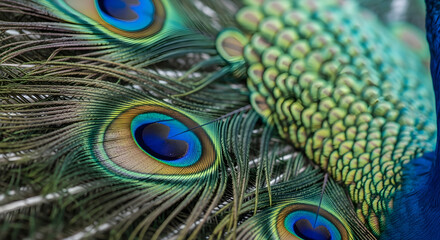 Fototapeta premium Close-up of peacock feathers with shimmering colors